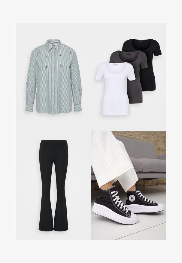Pruhovaná košeľa s dlhým rukávom v zelenej a bielej farbe, s vertikálnymi pruhmi, predným gombíkom a dekoratívnymi kovovými kvetinovými akcentmi.; Tričko v bielej, šedej a čiernej farbe s priliehavým strihom. Každé má široký výstrih a krátke rukávy. Vyrobené z hladkej, elastickej tkaniny.; Čierne rozšírené nohavice vyrobené z elastického materiálu, s vysokým pásom a hladkou textúrou. Nohavice sa rozširujú od kolena.; Čierne vysoké tenisky s bielymi gumovými podrážkami a šnúrkami. Obsahujú okrúhlu nášivku s logom a kontrastné biele prešívanie. Materiál je plátený.