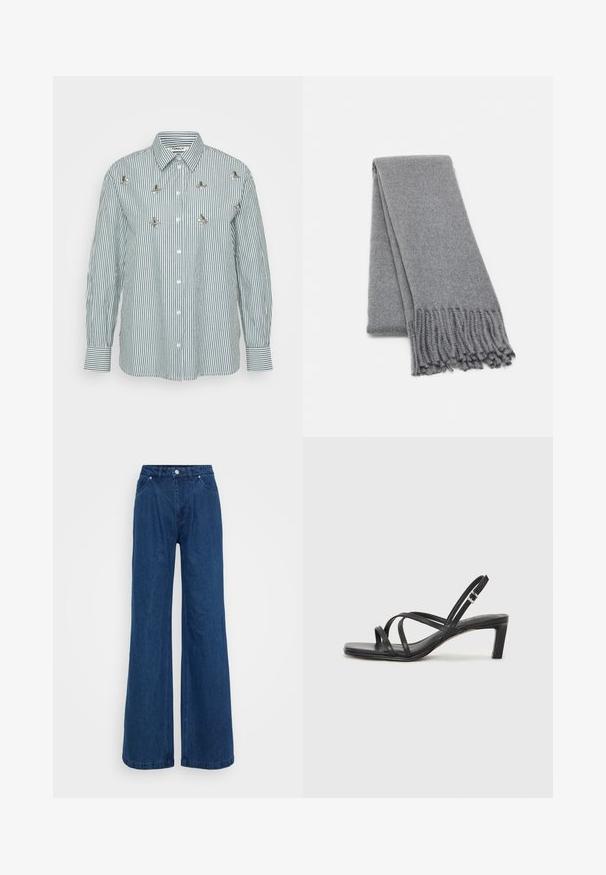 Striped long-sleeve shirt in green and white, featuring vertical stripes, a button front, and decorative metallic floral accents.; Wide-leg blue denim jeans with a high waist, front button and zipper closure, and front and back pockets against a plain background.; Black strappy sandal with a square toe and a low block heel. Features multiple thin straps and an adjustable ankle strap. Made of smooth leather.; Gray wool scarf with a soft texture, featuring fringed edges and a simple design. Folded neatly, showcasing its elongated shape.; Silver double-band ring with a smooth, polished surface. Features a fluid, curved design with overlapping sections for a modern look.