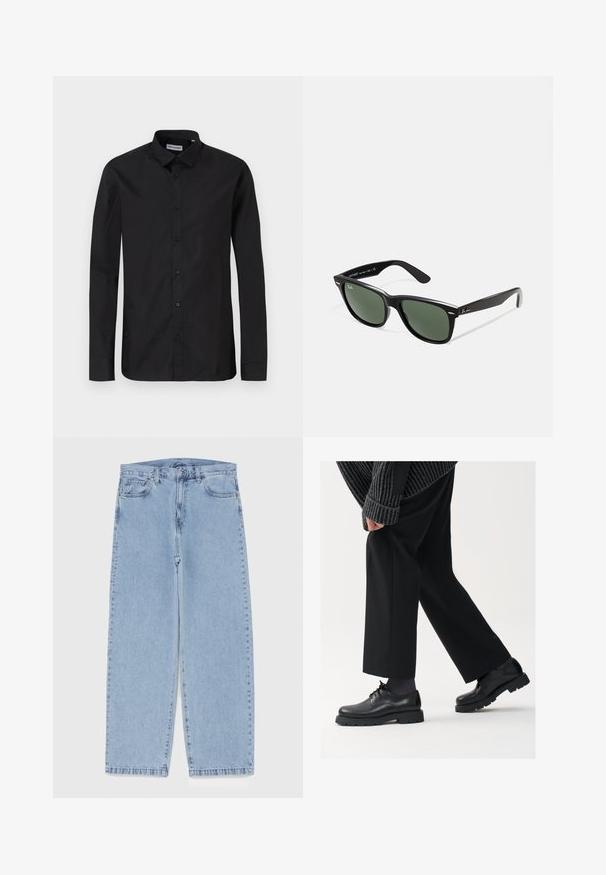 Čierna košeľa s dlhým rukávom a klasickým golierom, vyrobená z hladkej tkaniny, s prednými gombíkmi a štandardným strihom.; Svetlomodré denimové džínsy s rovnými nohavicami, s polovysokým pásom, piatimi vreckami a zapínaním na gombík a zips.; Čierne kožené topánky s okrúhlou špičkou, viazaním a hrubou, štruktúrovanou podrážkou. Nosené s upravenými čiernymi nohavicami a rebrovaným sveterom.; Čierne plastové slnečné okuliare so zelenými šošovkami, štvorcové rámy, strieborný akcent na obočí a textúrované ramenné opierky. Brand uvedený na vnútornej strane ramien.