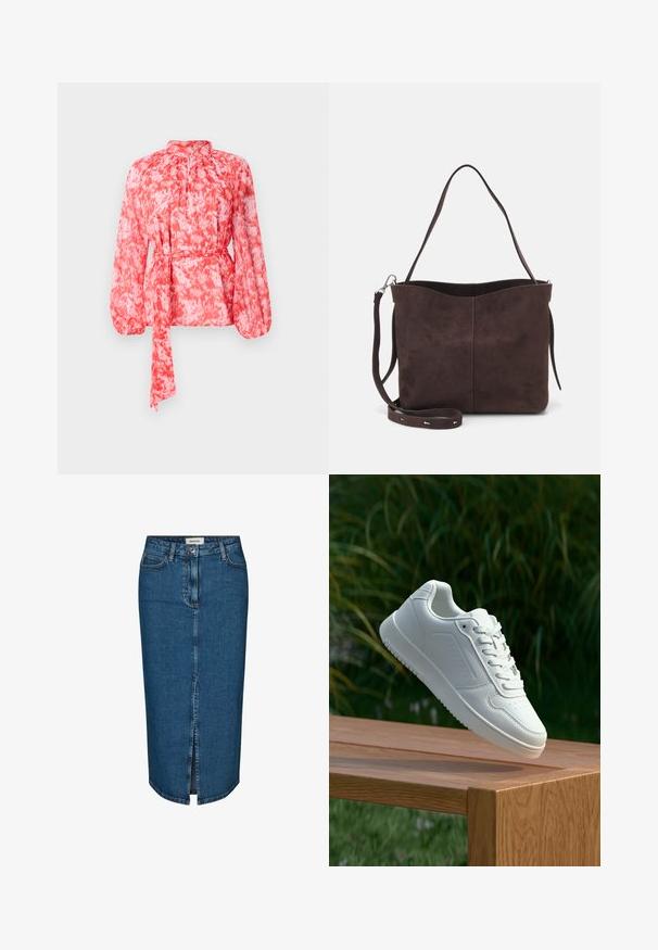 Piros és fehér mintázatú blúz hosszú ujjal, magas nyakkivágással és derékra kötött övvel. Könnyű, texturált anyagból készült.; Sötétkék farmer ceruzaszoknya, elülső hasítékkal, öt zsebbel és kontrasztos varrással. Közepes derékmagasság, klasszikus dizájn.; Fehér sportcipő sima szintetikus felsőrésszel, perforált lábujjrész, lapos fűzőkkel és texturált talppal, fából készült felületen kihelyezve.; Barna velúrbőr táska puha tapintással, egyetlen vállpánttal és finoman ívelt felső nyitással. Nincs látható fémrész.