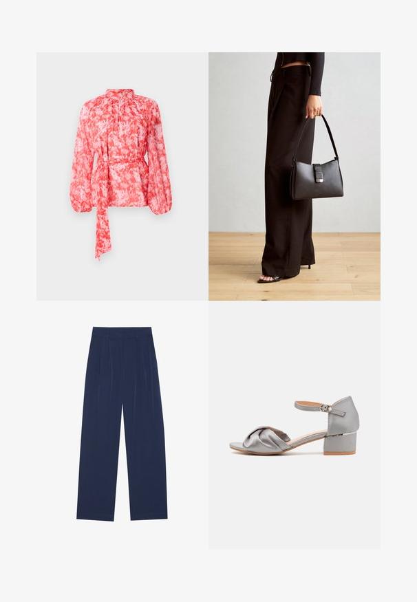 Hedvábná blůza s červeným a bílým vzorem, dlouhými rukávy, vysokým výstřihem a opaskem v pase. Vyrobeno z lehké, texturované látky.; Námořnické modré široké kalhoty vyrobené z jemné látky, s předními záhyby, hladkou texturou a rovný střih bez viditelných kapes.; Šedé saténové sandály na podpatku s uzlovým designem vpředu, nastavitelným páskem kolem kotníku a nízkým blokovým podpatkem. Hladká textura a minimalistický styl.; Černá kabelka se strukturovaným tvarem, hladkým povrchem a kovovým uzávěrem. Kombinována s širokými černými kalhotami a sandály s otevřenou špičkou na dřevěné podlaze.