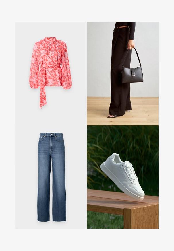 Blusa a maniche lunghe con motivo rosso e bianco, colletto alto e cintura con fiocco in vita. Realizzata in tessuto leggero e strutturato.; Jeans in denim blu con vita alta e taglio ampio. Caratterizzati da un classico design a cinque tasche e dettagli con bottoni in metallo.; Sneaker bianco con tomaia in sintetico liscio, punta perforata, lacci piatti e suola testurizzata, esposto su una superficie di legno.; Borsa nera con forma strutturata, texture liscia e una chiusura metallica. Abbinata a pantaloni neri larghi e sandali open-toe su un pavimento in legno.