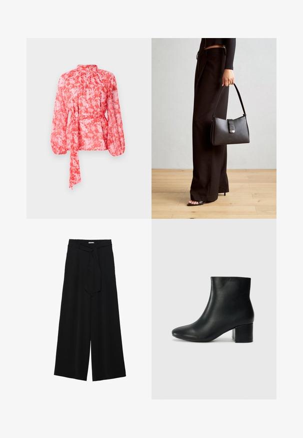 Red and white patterned blouse with long sleeves, a high neckline, and a tie belt at the waist. Made of lightweight, textured fabric.; Black wide-leg pants featuring a textured fabric, an elastic waistband, and a detachable sash tie at the waist for adjustable fit.; Black leather ankle boots with a pointed toe and a chunky heel. Smooth texture with minimal accents and a sleek, fitted design.; Black handbag with structured shape, smooth texture, and a metallic clasp. Paired with wide black pants and open-toe sandals on wooden floor.