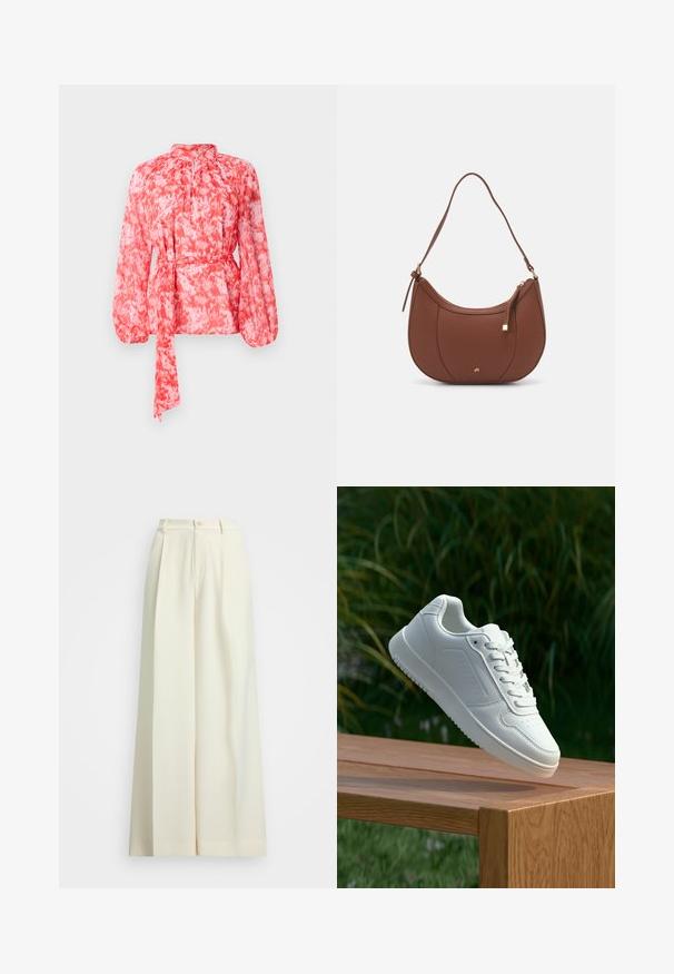 Czerwona i biała bluzka w wzory, z długimi rękawami, wysokim dekoltem i paskiem do związania w talii. Wykonana z lekkiego, teksturowanego materiału.; Spodnie z szerokimi nogawkami w odcieniu ecru, z wysokim stanem, podwójnymi plisami i zapięciem na guzik. Gładka tekstura i dopasowany krój.; Biały sneaker z gładką syntetyczną cholewą, perforowanym noskiem, płaskimi sznurowadłami i teksturowaną podeszwą, wyeksponowany na drewnianej powierzchni.; Brązowa torebka na ramię z eko-skóry o zaokrąglonym kształcie, z minimalnym przeszyciem i złotym akcentem na okuciach. Posiada zamek błyskawiczny u góry oraz regulowany pasek.