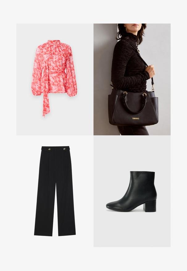 Blusa com padrão vermelho e branco, de mangas longas, com umdecote alto e um cinto atado na cintura. Feita de um tecido leve e texturizado.; Calças largas pretas com cintura alta, detalhes em botão na cintura e pregas frontais.; Botas de tornozelo em pele preta com bico pontiagudo e um salto robusto. Textura suave com acentos mínimos e um design ajustado e elegante.; Bolsa preta com superfície texturizada, alças superiores duplas e alça de ombro ajustável. Apresenta ferragens em tom dourado e bolsos laterais.