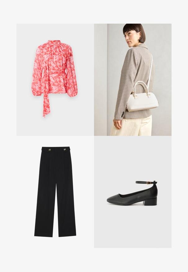 Punane ja valge mustriga pluus pikkade varrukatega, kõrge kaeluse ja sidumisrihmaga talje juures. Valmistatud kerge ja tekstuurse kanga materjalist.; Mustad laiad püksid kõrge vöökoha ja nööpdetailidega vööandil, esikortsudega.; Must mustaapp, millel on terav nina ja madal blokk-kand. Omab pahkluu rihma koos kuldse tooni pandlaga. Sile tekstuur.; Valge struktureeritud käekott lühikeste käepidemete ja õlavööga, millel on kuldse riistvara aktsendid ja tekstuuriga materjal, eksponeeritud halli taustal.