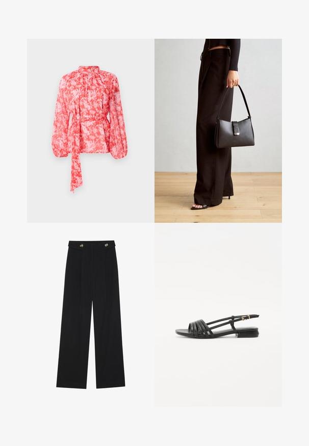Rød og hvit mønstrete bluse med lange ermer, høy hals og belte med knyting i midjen. Laget av lett, teksturert stoff.; Svart vide bukser med høy midje, knappdetaljer på midjebåndet og frontplisser.; Sorte flate sandaler med en strappy design, med flere lærreimer og en tynn ankelspenne. Sålen er flat og rektangulær.; Svart håndveske med strukturert form, jevn tekstur og metallisk lås. Kombinert med brede svarte bukser og sandaler med åpen tå på tregulv.
