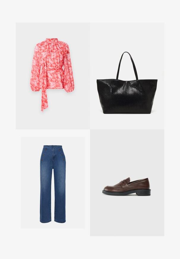 Blusa a maniche lunghe con motivo rosso e bianco, colletto alto e cintura con fiocco in vita. Realizzata in tessuto leggero e strutturato.; Jeans in denim a vita alta di un blu medio. Presentano dettagli con bottoni frontali e un design a gamba ampia. Il tessuto ha una texture liscia con un leggero sbiadimento.; Mocassini in pelle marrone con punta arrotondata, caratterizzati da una fascia decorativa sulla parte superiore e un tacco basso in gomma nera testurizzata.; Borsa tote nera intrecciata con due manici robusti, caratterizzata da una texture lucida e un ampio design a apertura aperta.