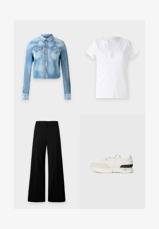 Light blue denim cropped jacket with long sleeves, snap buttons, two chest flap pockets, and a red tag on the left pocket seam.; White cotton t-shirt with short sleeves, a relaxed fit, and a V-neckline featuring a placket with five decorative buttons.; Black wide-leg trousers featuring a smooth texture, structured waistband, and front pleats. Minimalist design with no visible hardware.; White sneaker featuring a textured suede toe cap, smooth mesh upper, decorative laces, and a black rubber heel accent.