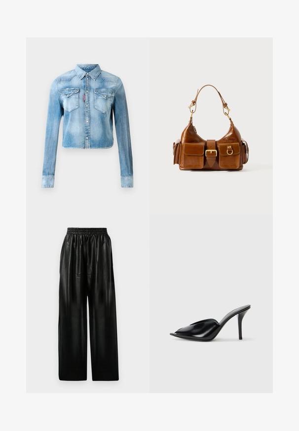 Light blue denim cropped jacket with long sleeves, snap buttons, two chest flap pockets, and a red tag on the left pocket seam.; Black leather wide-leg pants with an elastic waistband, featuring two side pockets and a smooth, shiny texture.; Black leather high-heeled mules with an open toe, pointed design, smooth texture, and a slim stiletto heel.; Brown leather handbag with a curved shape, dual gold-tone hardware, two front pockets, and a wide strap. Smooth texture with a sleek finish.