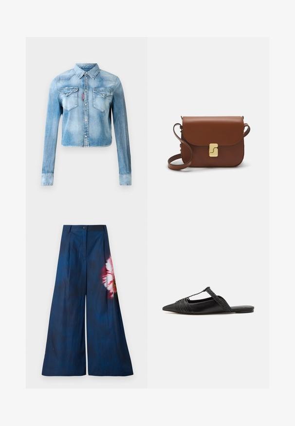 Helleblaue, kurz geschnittene Jeansjacke mit langen Ärmeln, Druckknöpfen, zwei Brusttaschen mit Klappen und einem roten Etikett an der Naht der linken Tasche.; Weite Hosen aus dunkelblauem Stoff mit einem floralen Muster in Rosa und Gelb auf einer Seite und einem Knopfverschluss an der Taille.; Schwarzer Leder-Slingback-Schuh mit spitzem Zehenbereich, ausgestattet mit einem geflochtenen Akzent und einem gefalteten Oberdesign. Flache Sohle mit minimalem Zubehör.; Braune Ledertasche mit Klappenverschluss, Beschlägen in Goldfarbe, einem Schultergurt und einer glatten Oberfläche. Kompakte rechteckige Form.