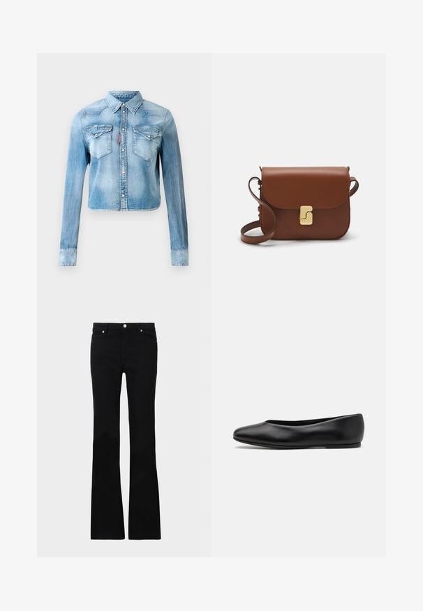 Jachetă din denim de culoare albastru deschis, scurtă, cu mâneci lungi, nasturi tip snap, două buzunare cu clapă pe piept și o etichetă roșie pe cusătura buzunarului din stânga.; Blugi negri evazați din denim, care prezintă două buzunare frontale, o închidere cu buton și o textură netedă. Coaserea semnăturii vizibilă la cusături.; Paul Smith TOPANGA - Balerini - black; Geantă de piele maro cu închidere tip capac, accesorii de culoare aurie, curea de umăr și o textură netedă. Formă compactă și rectangulară.