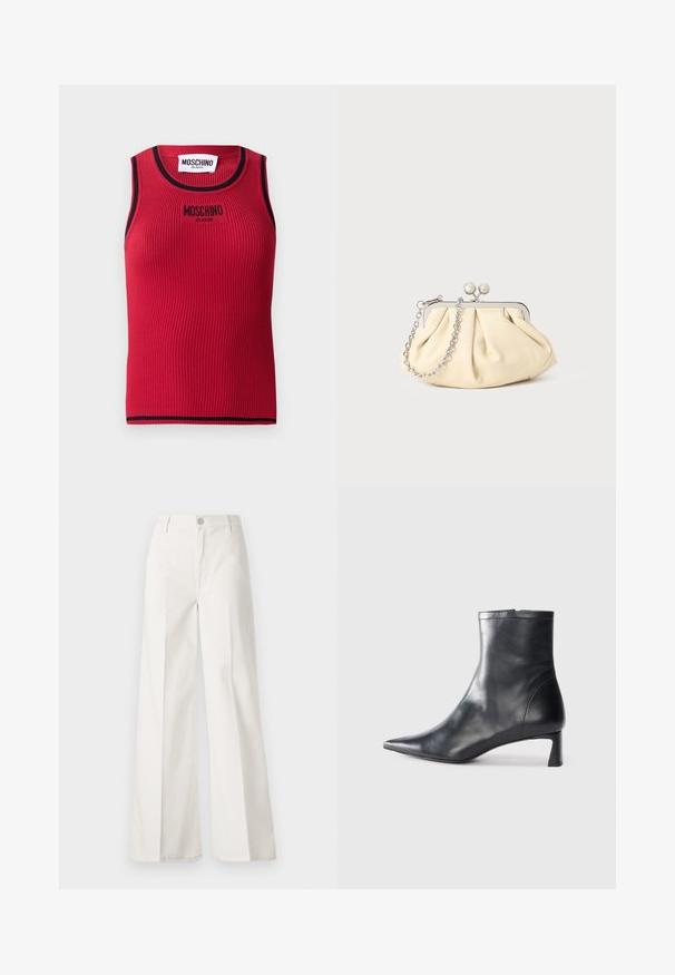 Rotes Ripp-Top mit schwarzem Besatz, mit dem auf der Vorderseite gestickten Logo "MOSCHINO JEANS". Ärmelloses Design, enganliegende Silhouette.; Weiße weite Hosen aus Baumwolle mit glatter Textur. Sie verfügen über einen vorderen Knopf, einen Reißverschluss und ein Design mit vier Taschen.; Schwarze Lederstiefelette mit spitzer Zehe und schlankem Design. Verfügt über einen niedrigen Absatz und einen Reißverschluss hinten. Glatte Textur.; Faltige beigefarbene Ledertasche mit einem silbernen Metallrahmen, ausgestattet mit zwei runden dekorativen Verschlüssen und einem silbernen Kettenriemen.
