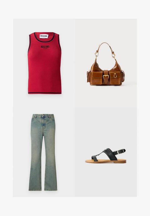 Czerwony pionowy top na ramiączkach z czarnymi wykończeniami, z logo "MOSCHINO JEANS" wyszytym z przodu. Bez rękawów, dopasowany krój.; Jasnoniebieskie dżinsy w stylu dzwonów z wysokim stanem, pięcioma kieszeniami i zamkiem błyskawicznym. Czyste, wyblakłe wykończenie z subtelnymi detalami przeszyć.; Czarne skórzane sandały z regulowanym zapięciem, płaską, brązową podeszwą oraz dwoma szerokimi paskami krzyżującymi się na stopie, minimalistyczny design.; Brązowa skórzana torba o zaokrąglonym kształcie, z podwójnymi elementami z złoconego metalu, dwoma przednimi kieszeniami oraz szerokim paskiem. Gładka faktura o eleganckim wykończeniu.