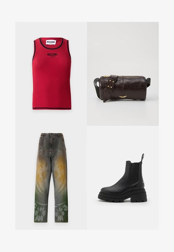 Raudona banguota liemenė su juodu apvadu, ant priekinės dalies siuvinėtas logotipas "MOSCHINO JEANS". Be rankovių, prigludusi siluetas.; Aukštos juosmens džinsai iš nusidėvėjusio džinsinio audinio su gradientiniu raštu, derinančiu geltonos, žalios ir mėlynos spalvų atspalvius; gėlių raštas arčiau sijono krašto.; Juodi Chelsea batai, pagaminti iš lygaus odos, su elastingais šonų paneliais, storu, grotuotu guminio pado ir su traukimo įrankiu gale.; Ruda krokodilo odspaudo odinė rankinė cilindro formos, su auksinėmis detalėmis ir nuimamu dirželiu, papuoštu studelėmis.