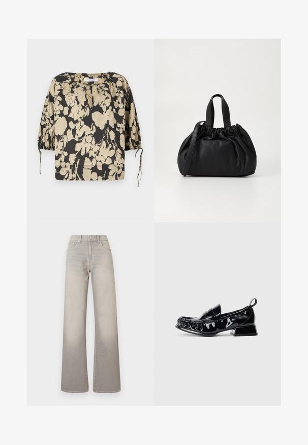 Schwarze und beige Blumenbluse mit lockerem Schnitt, rundem Ausschnitt und Puffärmeln. Mit Bindebändern am Ausschnitt und elastischen Bündchen.; Graue weit geschnittene Jeans mit einem verblassten Finish, Knopfverschluss, fünf Taschen und gestickten Details entlang der Nähte.; Schwarze Lackleder-Pantoletten mit quadratförmiger Spitze, gerafftem Detail, niedrigem Blockabsatz und Zugschlaufe hinten auf einem weißen Hintergrund.; Schwarze Lederhandtasche mit einem gerafften Oberteil, ausgestattet mit zwei kurzen Griffen und einem langen verstellbaren Schulterriemen. Glatte Textur, runde Form.