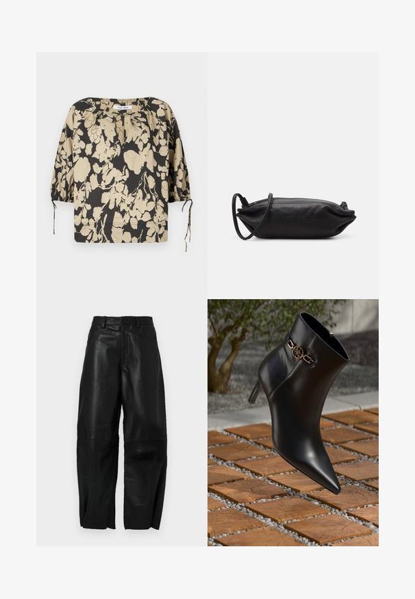 Blusa floreale nera e beige con vestibilità rilassata, scollo rotondo e maniche a sbuffo. Presenta lacci al collo e polsini elastici.; Pantaloni in pelle nera con vestibilità ampia, caratterizzati da un design a gamba dritta, tasche frontali e dettagli di cucitura visibili.; Stivale alla caviglia in pelle nera con punta affilata e tacco piccolo. Presenta un accento di catena dorata alla caviglia. Circondato da una superficie in pietra testurizzata.; Borsa a tracolla nera in pelle, di forma rettangolare, con una texture liscia, una sottile tracolla e un design minimalista.