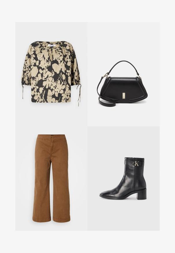 Must ja beež lillemustriga pluus, lõdva lõikega, ümmarguse kaelusega ja patsiliste varrukatega. Kaelusel on nöörid ja varrukate mansetid on elastsed.; Pruunid laiad püksid, mis on valmistatud pehmest kangast sileda tekstuuriga, kõrge vöökoha ja õmblustega detailidega.; Must musta ankle boot terava nina, plokke konts ja rihm, millel on metalliline logo detail. Sile tekstuur ja minimaalne disain.; Must mustrist käekott, millel on struktureeritud disain, lühendatud kuju, ülemine käepide ja kuldne metallist detail. Reguleeritav õlalihm on kaasas.