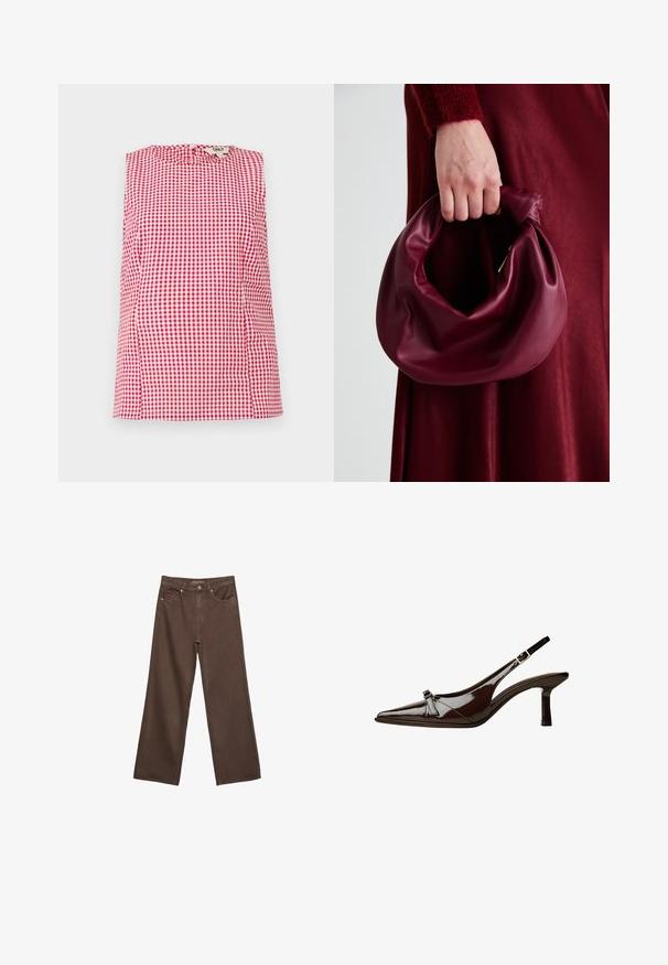Top senza maniche a scacchi rossi e bianchi con scollatura rotonda e leggero plissè sulle spalle. Chiusura con bottoni sul retro.; Jeans a gamba larga marroni in denim, con vita alta, tasche anteriori e chiusura a bottone classica. Tessuto liscio con cuciture sottili.; Scarpa slingback in pelle verniciata marrone con punta appuntita, tacco basso e un accentuato fiocco decorativo nella parte anteriore. Texture liscia e lucente.; Borsa in pelle bordeaux con un design morbido e arricciato e una forma arrotondata. Il manico è fissato, mostrando una texture liscia.