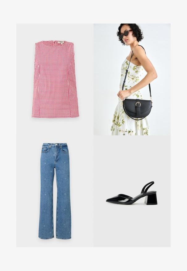 Rød og hvit sjakkmønstret ermeløs topp med rund hals og subtile plisseringer ved skuldrene. Knappelukking bak.; Blå høy midje rette jeans med små hvite blomsterbroderier spredt over stoffet.; Svarte patentlær slingback hæler med spiss tå og geometrisk blokk hæl. Har et stilrent, minimalistisk design og jevn tekstur.; Svart lærveske med en buet form, avtagbar stropp og gullbeslag. Vesken har et klaff med spenne-detall.