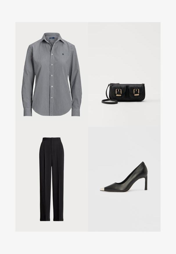 Randig skjorta med knappar som har vertikala navy och vita ränder, långa ärmar, spetsig krage och en liten logotyp på bröstet.; Svarta skräddarsydda byxor med hög midja, med veck framtill, rak bendesign och uppvikte nederdelar. Tillverkade av ett slätt tyg.; Svart skinnsko med hög klack, spetsig tå och metallisk silverhätta. Har en slät yta och en smal klack på 10 cm.; Svart läderaxelväska med två framfickor, guldspännen, dragkedjestängning och en smal rem. Texturerad yta och kompakt rektangulär form.