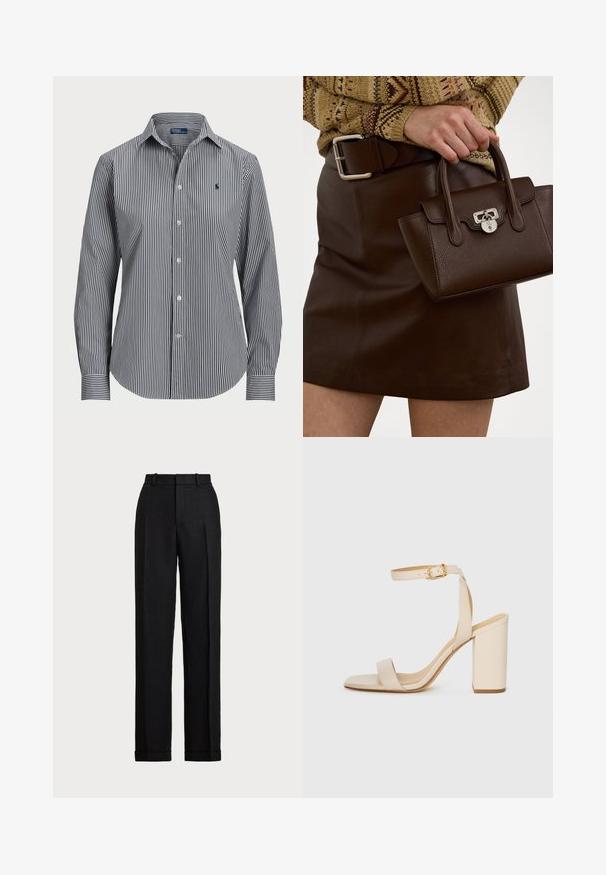 Gestreept overhemd met verticale marineblauwe en witte strepen, lange mouwen, puntige kraag en een klein logo op de borst.; Zwarte, high-waisted broeken gemaakt van linnen. Heeft een rechte pijp, persplooien en omslagen aan de zoom. Geen zichtbare zakken of sluitingen.; Beige hoge hakken sandaal met een vierkante neus, dunne enkelband en blokhak. Gladde leren textuur met een gouden sluiting.; Een bruine leren handtas met een gestructureerde afwerking en zilverkleurige hardware, vastgehouden met een hand naast een bruine leren rok en een gebreid patroontrui.