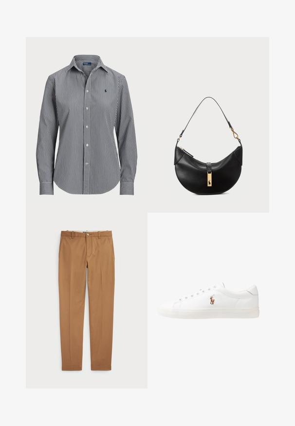 Camicia a righe con bottoni, caratterizzata da righe verticali blu navy e bianche, maniche lunghe, colletto a punta e un piccolo logo sul petto.; Pantaloni in cotone marrone con un design slim-fit, frontale piatto e tasche standard; texture liscia e orli rifiniti.; Sneakers in pelle bianca, design low-top, caratterizzati da una texture liscia, punta rotonda, chiusura con lacci e un piccolo logo ricamato sul lato.; Borsa a tracolla nera in pelle a forma di mezzaluna. Presenta un accento in metallo dorato e una tracolla sottile. Tessuto liscio, chiusura a cerniera nella parte superiore.