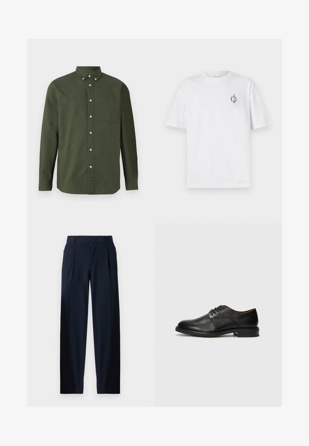 Temno zelena srajca z dolgimi rokavi, ovratnikom, enim žepom na prsih in belimi gumbi; izdelana iz lahkotnega materiala.; Bela bombažna majica s sproščenim krojem, ki ima majhen črn grafični logotip na levem prsnem delu. Kratke rokave, okrogel izrez.; Temno modri hlače z gladko teksturo, širokim krojem, sprednjimi pregibi, zankami za pas in z zip zapiranjem. Primerne za formalno ali priložnostno nošenje.; Tommy Hilfiger VOGUE LTH - Elegantni čevlji z vezalkami - black