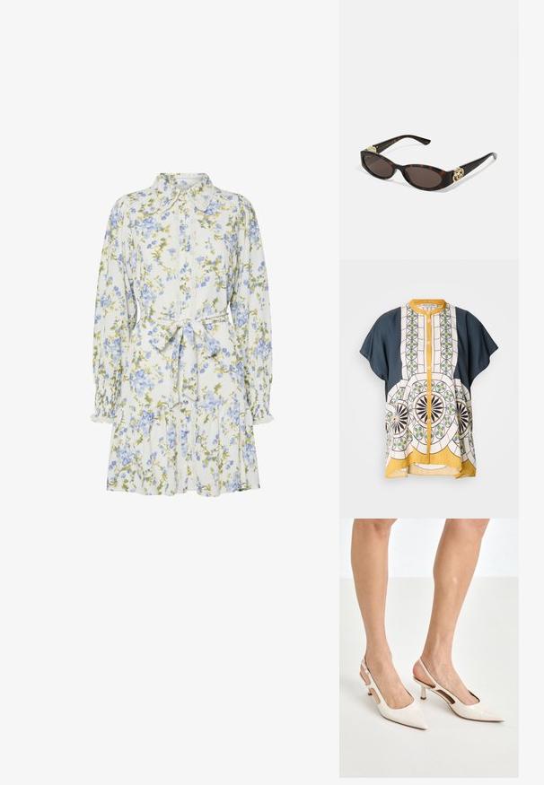 Kortärmad skjorta med knappar i marinblått och mönstrad vit tyg som har geometriska mönster i grönt, gult och svart.; Blommig klänning i vitt med blå och gröna blommor, med krage, knappsydd framtill, lång ärm med elastiska manschetter och midjeband.; Beige lackläder slingbackklackar med spetsig tå och 5 cm klack, med utskurna sidor och ett tunt ankelband.; Sköldpaddsformade solglasögon med avlånga ovala linser, brunt toning, guldfärgade logotypdetaljer på skalmarna och slanka svarta skaft.; Pärl- och kristallhalsband med en rund, pärlformad design i bleka nyanser, med växelvis placerade pärlor och glittrande detaljer, bärs runt halsen.