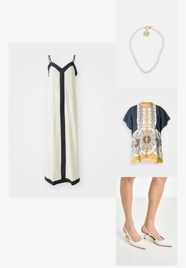 Short-sleeve button-up shirt with navy blue and patterned white fabric featuring geometric designs in green, yellow, and black.; Sleeveless maxi dress in cream with a deep V-neck and black trim along the edges and front. Made of lightweight fabric.; Beige patent leather slingback heels with a pointed toe and 5 cm heel, featuring cut-out sides and a thin ankle strap.; Lauren Ralph Lauren COLLAR - Necklace - gold-coloured/white