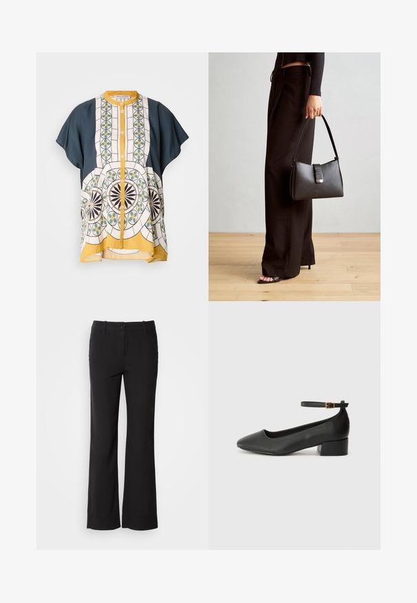 Košeľa na gombíky s krátkym rukávom z námorníckej modrej a bielej vzorovanej látky, ktorá zobrazuje geometrické vzory v zelenej, žltej a čiernej farbe.; Čierne nohavice z bavlneného zmesového materiálu s rovnými nohavicami, predným zapínaním na gombík a dvoma bočnými vreckami. Hladká textúra, žiadne viditeľné vzory.; Čierne kožené lodičky s špicatou špičkou a nízkym blokovým podpätkom. Obsahuje remienok okolo členka so zlatým prackou. Hladký povrch.; Čierna kabelka so štruktúrovaným tvarom, hladkou textúrou a kovovou sponou. V kombinácii so širokými čiernymi nohavicami a sandálmi s otvorenou špičkou na drevenej podlahe.