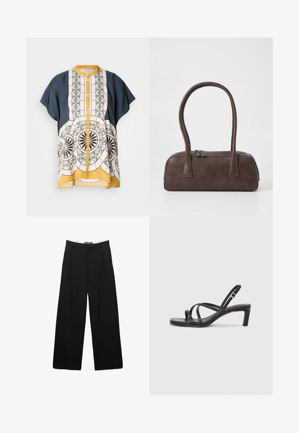 Kratke rokave s sapa s srajco v mornarsko modri in vzorčasti beli tkanini, ki vsebuje geometrijske vzorce v zeleni, rumeni in črni barvi.; Široke črne hlače iz gladkega blaga. Značilne so sprednje gube, pas z zankami za pas in kroj, ki poudari postavo.; Črne natikače s trakovi in kvadratnim prstom ter nizkim blokastim peto. Imajo več tankih trakov in nastavljiv trak okoli gležnja. Narejene so iz gladkega usnja.; Rjava usnjena torbica z dvema trdnima ročkama, pravokotne oblike, gladke teksture in zadrgo. Minimalističen dizajn brez vidnih vzorcev.; Srebrni kovinski uhani z valovitim, skulpturalnim dizajnom, ki se ponašajo s poliranim zaključkom in nerednimi oblikami, kar poudarja sodobno estetiko.