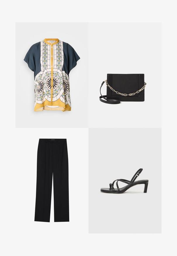 Rövid ujjú gombos ing sötétkék és mintás fehér szövetből, amely geometrikus mintákat tartalmaz zöld, sárga és fekete színben.; Fekete nadrág egyenes szárú kialakítással, két első zsebbel és derékrésszel. Simának és könnyű anyagból készült.; Fekete pántos szandál négyzetes orral és alacsony blokk sarkal. Több vékony pánttal és állítható boka pánttal rendelkezik. Sima bőrből készült.; Fekete bőr keresztpántos táska, sima textúrával, téglalap alakú és fém lánc részlettel az elején. Állítható pánttal ellátva.