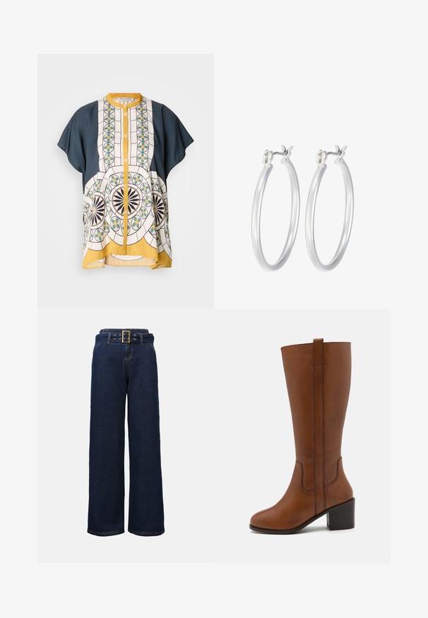 Koszula z krótkim rękawem, zapinana na guziki, w granatowo-białą tkaninę z geometrycznymi wzorami w kolorach zielonym, żółtym i czarnym.; Ciemnoniebieskie dżinsowe spodnie szerokie w nogawkach z haftowanymi kieszeniami i pasującym paskiem z dużą prostokątną złotą klamrą.; Brązowy skórzany but za kolano z okrągłym noskiem, bocznymi szwami i słupkowym obcasem. Posiada tylną pętelkę ułatwiającą zakładanie.; Srebrne kolczyki w formie kółek o gładkim, polerowanym wykończeniu. O okrągłym kształcie i pewnym zapięciu na klik. Lekka konstrukcja odpowiednia do codziennego noszenia.