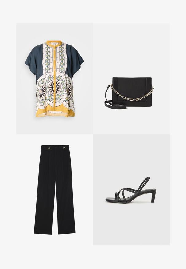 Kurzarm-Hemd mit Knöpfen aus marineblauem und gemustertem weißen Stoff, der geometrische Designs in Grün, Gelb und Schwarz aufweist.; Schwarze weite Hosen mit hoher Taille, Knopfdetails am Bund und vorderen Falten.; Schwarze Sandale mit Riemchen, quadratischer Zehenform und niedrigem Blockabsatz. Verfügt über mehrere dünne Riemen und einen verstellbaren Knöchelriemen. Hergestellt aus glattem Leder.; Schwarze Leder-Crossbody-Tasche mit glatter Textur, rechteckiger Form und metallic-kettendetail auf der Vorderseite. Verstellbarer Gurt inklusive.