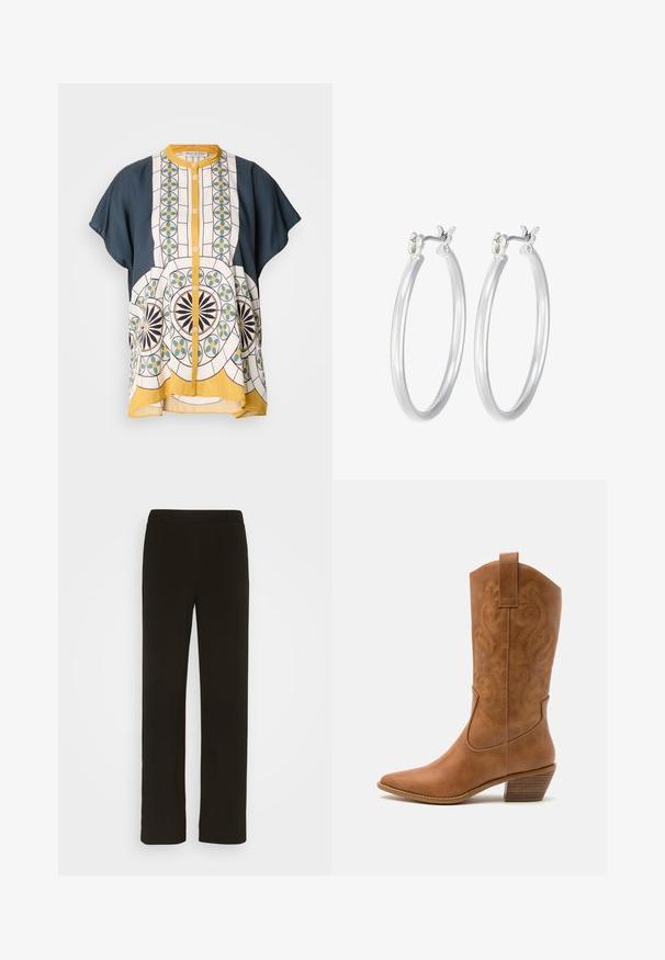 Trumpas rankovės mygtukų marškiniai, pagaminti iš tamsiai mėlynos ir raštuotos baltos medžiagos, puošti geometriniais raštais žalios, geltonos ir juodos spalvų.; Juodi tiesūs kelnės, pagamintos iš audinio, turinčios lygų priekį, dvi šonines kišenes ir glotnų paviršių. Nėra matomų raštų ar akcentų.; Ruda odinė kantri batai su smailiu būtų pirštu, siuvinėtais spiralės raštais ant viršaus ir su kamščiu blokuotu kulnu. Yra tamprių užtraukių, kad būtų lengviau užsidėti.; Sidabriniai auskarai su sklandžiu, poliruotu paviršiumi. Apvalios formos ir saugus uždarymo mechanizmas. Lengvas dizainas, tinkantis kasdieniam dėvėjimui.