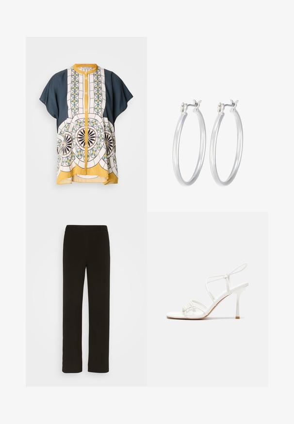 Kurzarm-Hemd mit Knöpfen aus marineblauem und gemustertem weißen Stoff, der geometrische Designs in Grün, Gelb und Schwarz aufweist.; Schwarze, gerade geschnittene Hose aus gewebtem Stoff mit flachem Bund, zwei seitlichen Taschen und einer glatten Textur. Keine sichtbaren Muster oder Akzente.; Weiße, geschnallte High-Heel-Sandalen mit flacher Zehenbasis, strukturiertem Vorderteil mit gerafften Akzenten und schlankem Knöchelriemen.; Silberne Creolen mit einer glatten, polierten Oberfläche. Runder Form und sicherem Klickverschluss. Leichtes Design, geeignet für den täglichen Gebrauch.
