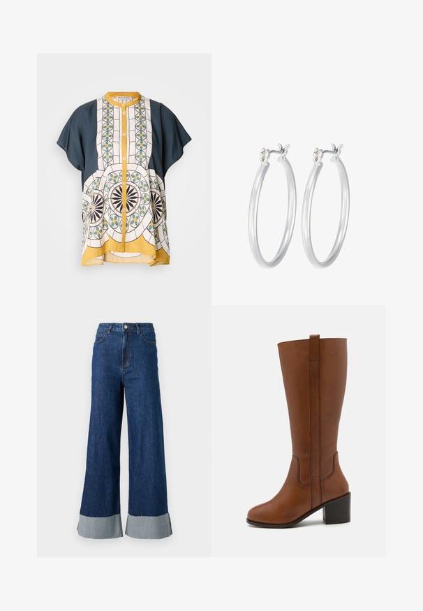 Kurzarm-Hemd mit Knöpfen aus marineblauem und gemustertem weißen Stoff, der geometrische Designs in Grün, Gelb und Schwarz aufweist.; Weite Jeanshose mit dunkler blauer Waschung, ausgestattet mit einem kontrastierenden hellblauen Saum und klassischem Fünf-Taschen-Design.; Braune Lederkniehohe Stiefel mit runder Spitze, seitlichen Nähten und Blockabsatz. Mit einem Zugschlaufe hinten für einfaches Anziehen.; Silberne Creolen mit einer glatten, polierten Oberfläche. Runder Form und sicherem Klickverschluss. Leichtes Design, geeignet für den täglichen Gebrauch.