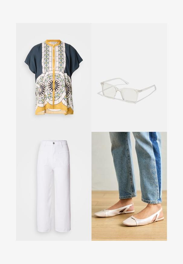 Korte mouwen overhemd met knoopsluiting in marineblauw en een wit patroon met geometrische ontwerpen in groen, geel en zwart.; Witte denim wijde broek met een knoopsluiting, ceintuurlussen, twee voorkeurszakken en een enkele achterzak. Duurzaam en gestructureerd materiaal.; Zachtroze slingback ballerina's met een spitse neus, gemaakt van een glad leerachtig materiaal. Bevat uitsnijdingen aan de zijkanten en heeft een platte hak.; Heldere plastic vierkante monturen met doorzichtige glazen, gekenmerkt door gouden accenten op de slapen voor extra detail.