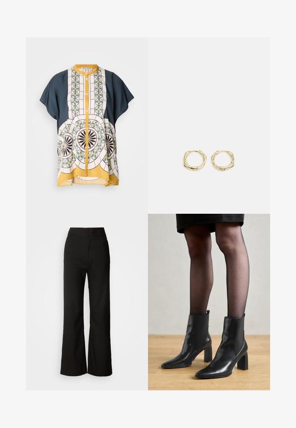 Korte mouwen overhemd met knoopsluiting in marineblauw en een wit patroon met geometrische ontwerpen in groen, geel en zwart.; Zwarte wijde broek met een gladde textuur, hoge taille en een strakke uitstraling. Geen zichtbare zakken of versieringen.; Zwarte leren enkellaarsjes met een spitse neus, stevige vierkante hak en een fraaie uitstraling. Beschikt over elastische zijpanelen voor gemakkelijke aan- en uittrekken.; Gouden creolen met een textuur en onregelmatige vorm. Voorzien van een naadloze sluiting en een gepolijste afwerking, wat het moderne ontwerp benadrukt.