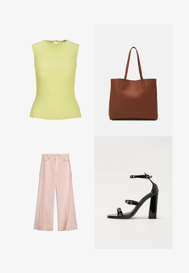 Ljusgul ärmlös topp med en texturerad mönster, figurnära design och en knytning i nacken.; Ljust rosa vida jeans med en texturerad finish, fransig fåll och design med fem fickor. Har en knappstängning och bältesslingor.; Svarta lackerade högklackade sandaler med två spännband, fyrkantig tå och en tjock klack, med en slät och glansig yta.; Brun läder tote-väska med en slät textur, öppen toppdesign och två axelremmar. Har minimal söm och ingen synlig metalldetalj.