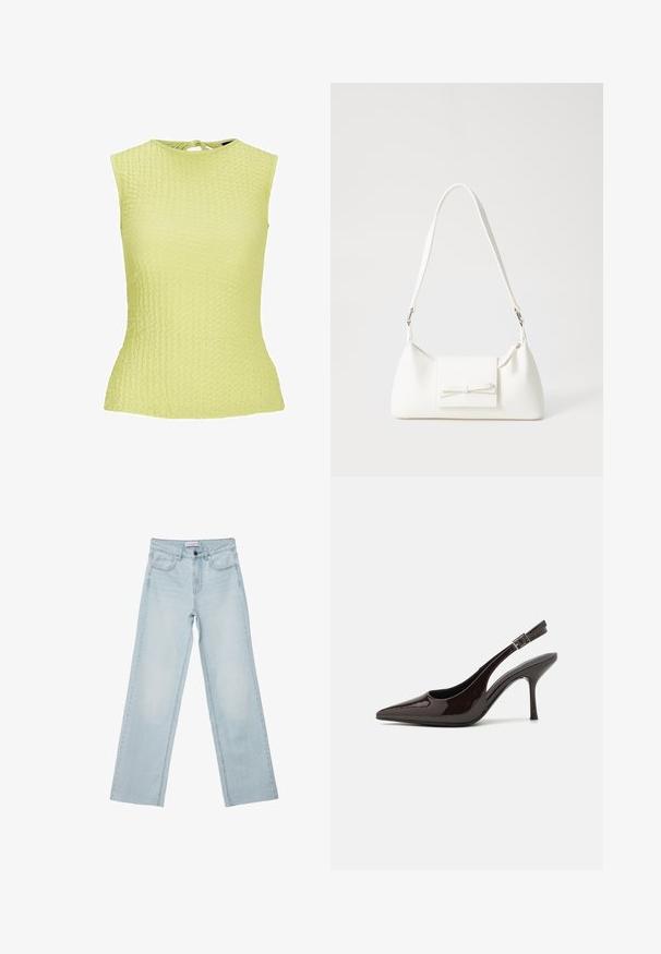 Svetlo rumena brezrokavna majica z teksturiranim vzorcem, prilegajoč dizajn in zavezovanje na hrbtu pri vratu.; Svetlo modri široki kavbojke izdenima. Imajo pet žepov, gumbasto zaponko in zbledela podrobnost. Klasičen naravnost kroj s prostornim prileganjem.; Slingback visoke pete v sijajni temno rjavi lak koži, koničastim nosom, odprtimi stranmi in nastavljivim gležnjenčkim trakom.; Bela sintetična torbica v obliki trikotnika, z ravnim sprednjim poklopcem in detajlom mašne, nastavljivim trakom, gladko teksturo in minimalističnim dizajnom.