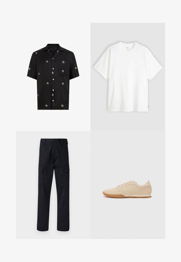 Melns īsu piedurkņu pogājams krekls ar izsvaidītām baltām un dzeltenām margrietiņu ziedu apdrukām un krūšu kabatu kreisajā pusē.; Balta īslaicīga T-krekla ar īsām piedurknēm, kas izgatavots no kokvilnas, ar apaļu kakla izgriezumu. Priekšpusē ir smalks reljefs ar logotipu un sarkans birka apakšmalā.; Melni kravas bikses, kas izgatavotas no izturīga auduma, ar taisnu kāju griezumu, divām sānu kabatām un pogu aizdari jostas vietā.; Bežā zamša kedas ar plūstošu dizainu, kurām ir strukturēta virsma, noapaļota purngalu un gumijas zole ar zigzaga rakstu.