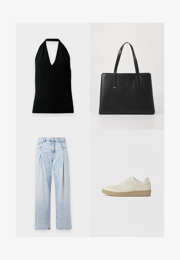 Svart ermeløs halter topp med dyp V-hals og ryggstropp, vist mot en hvit bakgrunn.; Lyseblå denimjeans med høy livlinje, vide ben, to sidelommer og plisserte detaljer. Myk tekstur med en falmet finish.; Beige semskinn-sneakers med et teksturert design, flat gummisåle og distinkte side sømmer. Rund tå og polstret krage.; Svart lær tote bag med to lange håndtak, rektangulær form, teksturert overflate og minimalistisk design. Ingen synlige detaljer eller accenter.