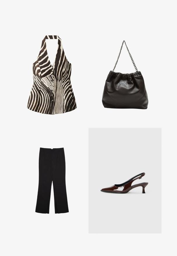 Schwarzes und weißes, ärmelloses Oberteil mit Halter-Neck, das mit einem Zebramuster, einer Knopfleiste und einer strukturierten Form versehen ist.; Schwarze Hose mit geradem Schnitt, ausgestattet mit Fronttaschen und Seitenschlitzen am Saum. Hergestellt aus weichem, glattem Stoff. Geeignet für verschiedene Anlässe.; Braune Lackleder-Slingback-Schuhe mit spitzer Zehe und moderatem Absatz. Mit einem Schnallenriemen für einen sicheren Sitz. Glatte Textur.; Braune Lederhandtasche mit gerafftem Oberteil und Kettenriemen. Glatte Textur mit glänzendem Finish und subtilen Nahtdetails an den Seiten.