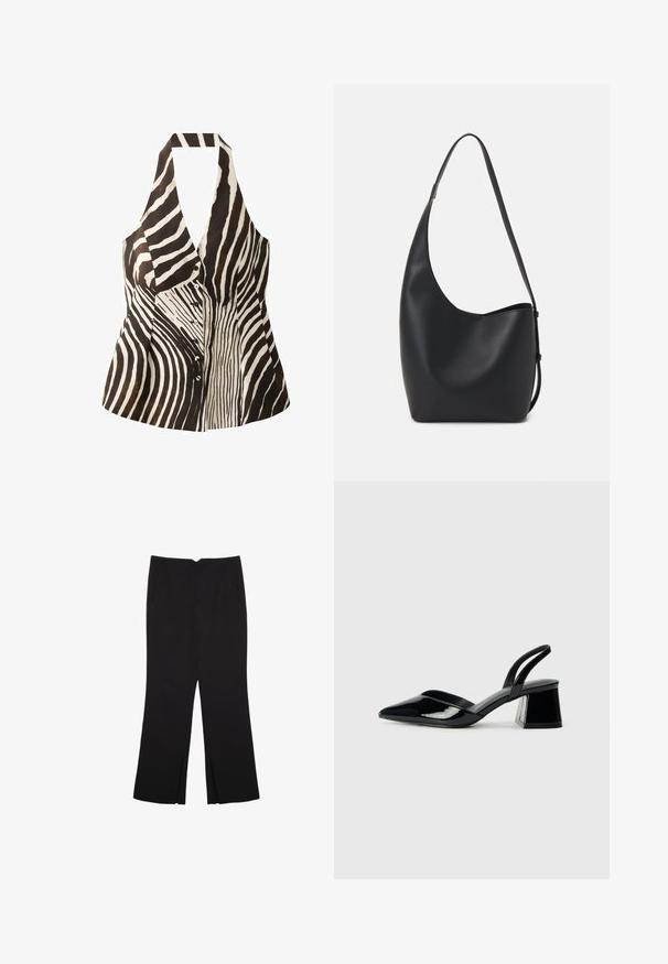 Črno-bež brezrokavnik s halter ovratnikom, ki ima vzorec zebre, gumbno zapiranje spredaj in strukturirano obliko.; Črne hlače ravnega kroja z naglavnimi žepi in stranskimi razporki na robu. Narejene iz mehke, gladke tkanine. Primerne za različne priložnosti.; Črne lakirane slingback pete s koničastim nosom in geometrijsko blokasto peto. Imajo eleganten, minimalističen dizajn in gladko teksturo.; Črna usnjena hobo torba z gladko teksturo, ukrivljeno obliko in eno nastavljivo naramnico; ima širok odprtina na vrhu.
