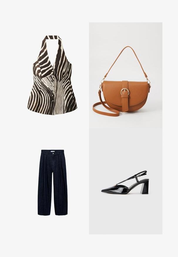 Mustat ja valkoiset olkaimettomat puserot, joissa on kaula-aukko, zebra-raita kuvio, nappi etupuolella ja rakennettu muoto.; Tummansinisiä leveälahkeisia housuja, joissa on laskoksia vyötäröllä, etupainike ja vyön lenkit. Sujuva rakenne ja täyspitkä muotoilu.; Musta patenttiliimainen slingback-korkokenkä, jossa on terävä kärki, säädettävä hihna ja paksu suorakulmainen korko.; Ruskean nahkainen olkalaukku, jossa on kaareva muoto, kultaiset yksityiskohdat ja solkiyksityiskohta. Varustettu irrotettavalla olkahihnalla.
