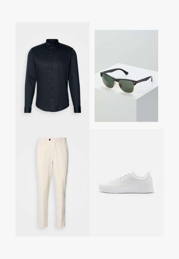 Lindbergh PLAIN - Camisa - navy; Calças elegantes bege com frente lisa, fecho de botão único e dois bolsos laterais angulados. Tecido liso com um corte slim e perna afunilada.; Sapatilhas brancas com um cabedal sintético liso, bico arredondado, seis ilhós para os atacadores e uma sola de borracha de baixo perfil com detalhes texturizados.; Óculos de sol Ray-Ban com lentes verdes, armação de plástico preto e detalhes em dourado nas bordas. Forma quadrada com acabamento mate.