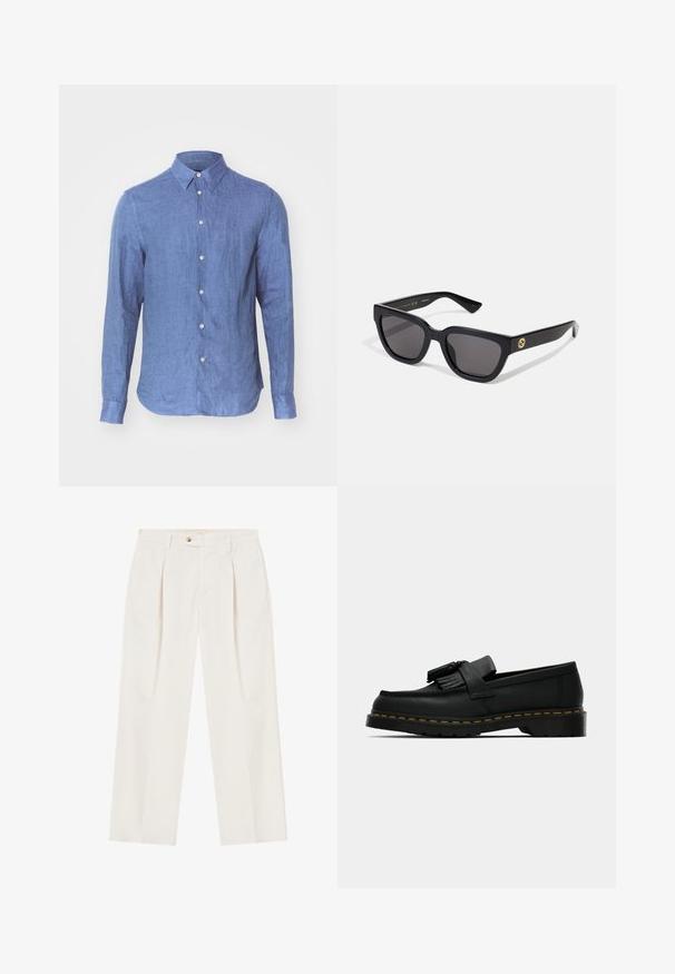 Camicia in lino blu con colletto button-down, maniche lunghe, chiusura frontale con bottoni e orlo leggermente arrotondato. Tessuto liscio e strutturato.; Pantaloni bianchi a gamba larga con pieghe sul davanti, chiusura a un bottone e tasche laterali. Texture liscia e design sartoriale.; Mocassino in pelle nera con nappine, cuciture gialle lungo la suola e una suola in gomma spessa e rigata.; Occhiali da sole rettangolari neri con finitura lucida, lenti scure e dettagli dorati sulla tempia che presentano il logo.
