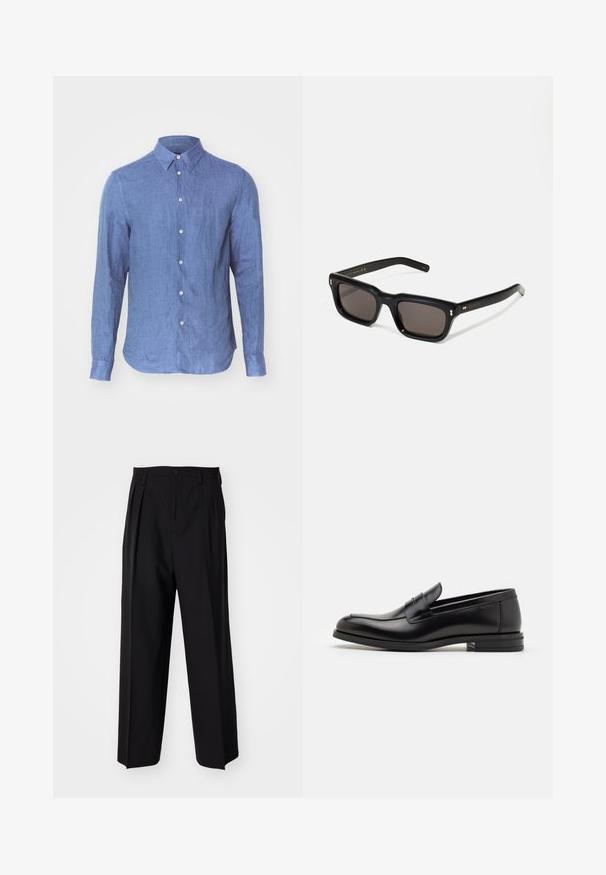 Blauwe linnen overhemd met een button-down kraag, lange mouwen, knoopsluiting aan de voorkant en een licht gebogen zoom. Glad, gestructureerd stof.; Zwarte geplooide broeken met een rechte, brede pijpontwerp. Gemaakt van soepele stof, met een knoopsluiting en riemlussen.; Zwarte leren instappers met een gladde textuur, ronde neus en een decoratieve band over de wreef. Lage, gestapelde hak en minimalistisch ontwerp.; Zwarte rechthoekige zonnebril met donkere lenzen, een dik plastic montuur, gouden accenten op de veren en het merkembleem gegraveerd op de arm.